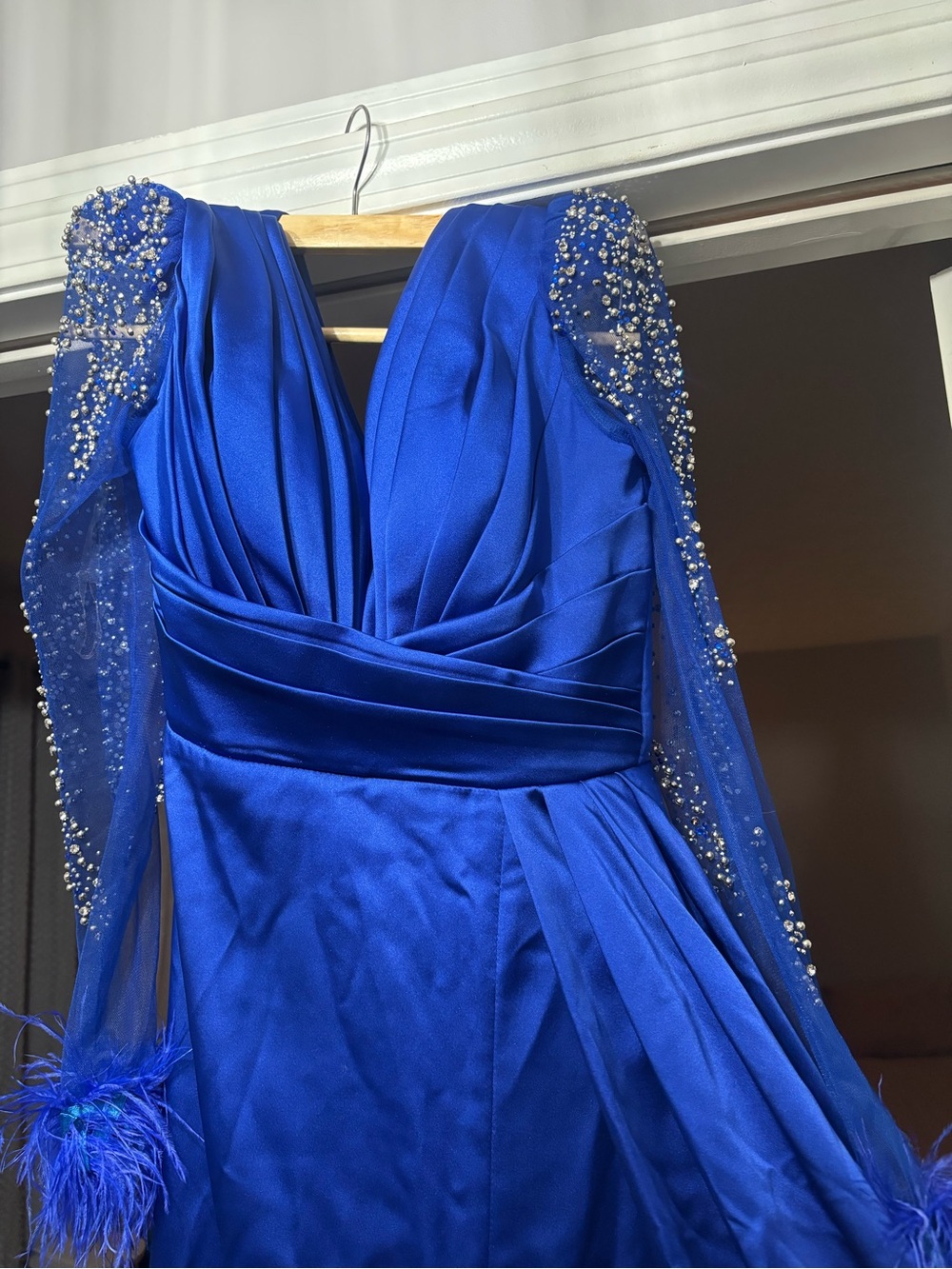 Royal Blue Satin Beaded Long-Sleeve Dress